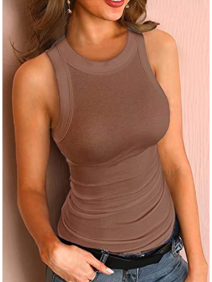 Summer Stretch Slim Round Neck Ribbed Tank Basic Solid Top 