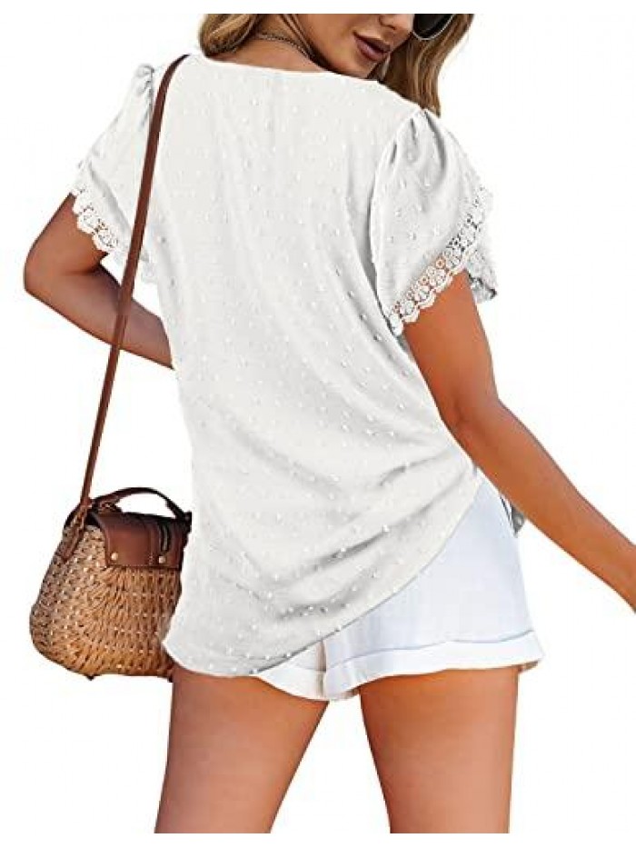 Womens Tops V Neck Summer Lace Petal Sleeve Swiss Dot Shirts 