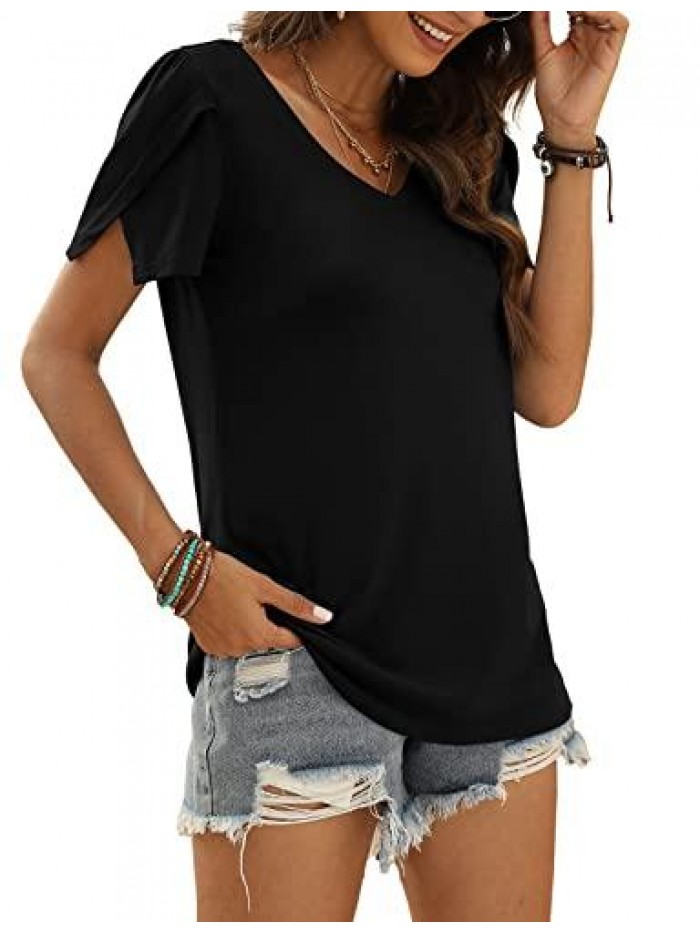 Summer Tshirts for Women V Neck Petal Sleeve Tops Dressy 