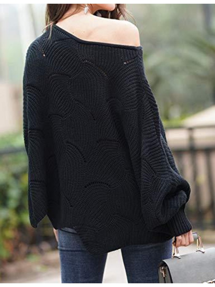 Women's Pullover Batwing Sleeve Loose Hollow Knit Sweaters 