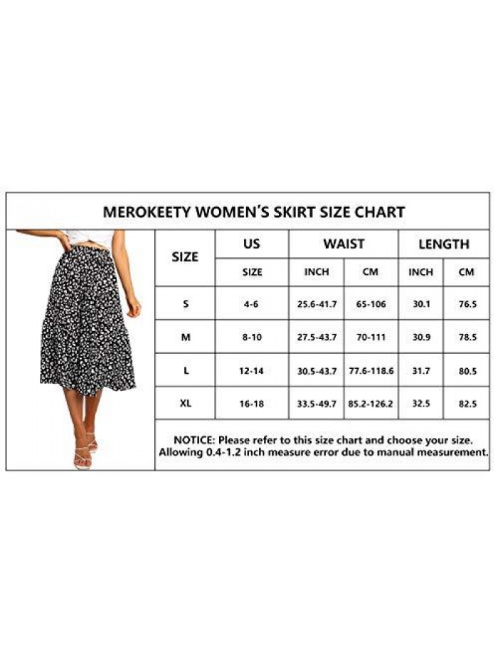 Women's Boho Leopard Print Skirt Pleated A-Line Swing Midi Skirts 