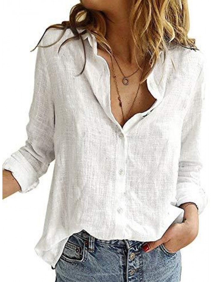 Womens V Neck Roll up Sleeve Button Down Blouses Tops 