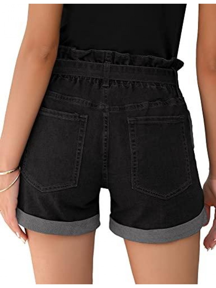 Women Casual Mid Waist Ripped Roll Hem Jeans Denim Shorts 