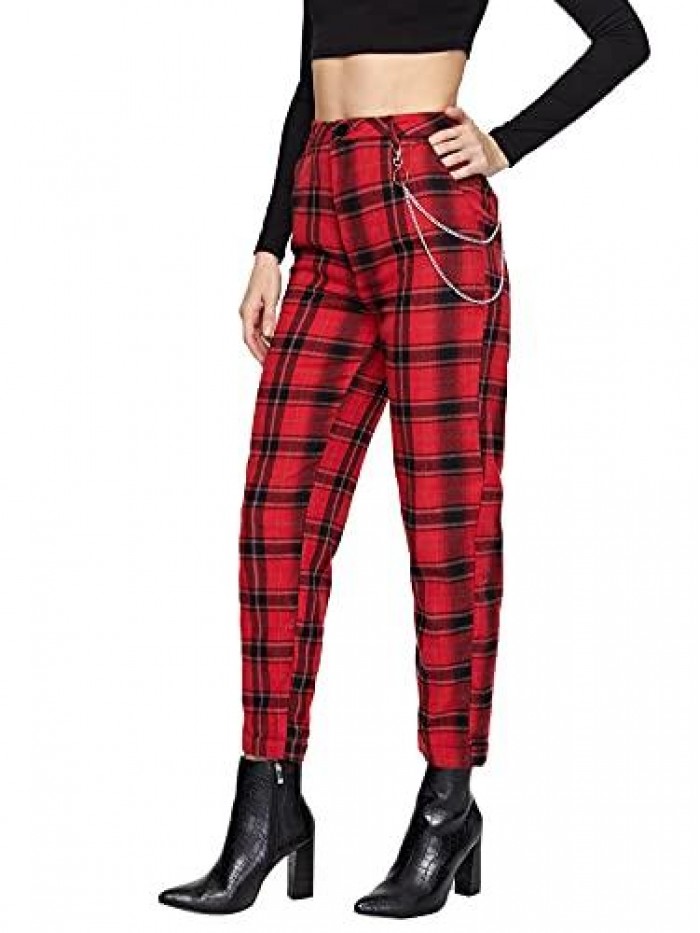 Women's Tartan Plaid Mid Waist Straight Pants 