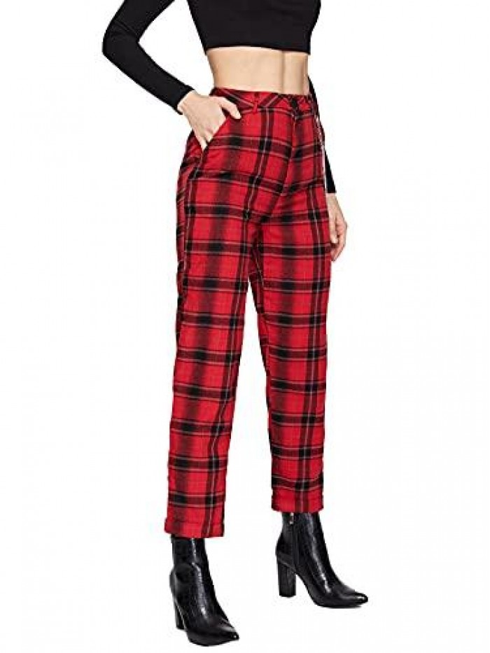 Women's Tartan Plaid Mid Waist Straight Pants 