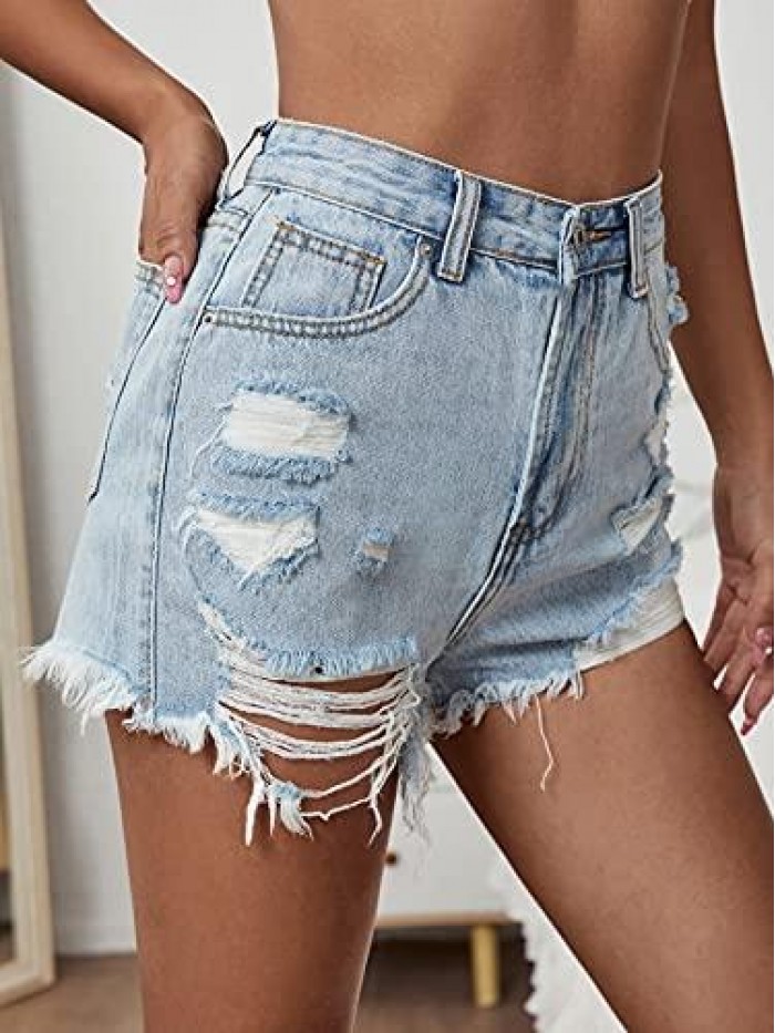 Women's Ripped Raw Hem High Waisted Distressed Denim Shorts 