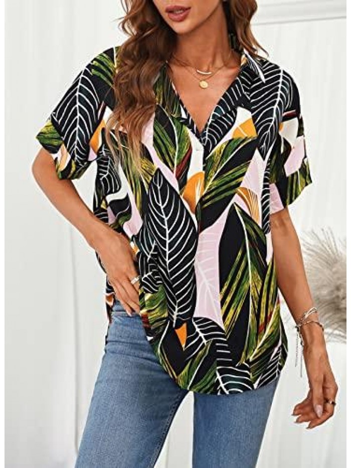 Women V Neck Vertical Stripes Shirt Loose Button Down Blouse Tops 