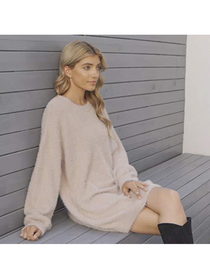 Women's Furry Crewneck Oversized Loose Long Pullover Sweater Dress 