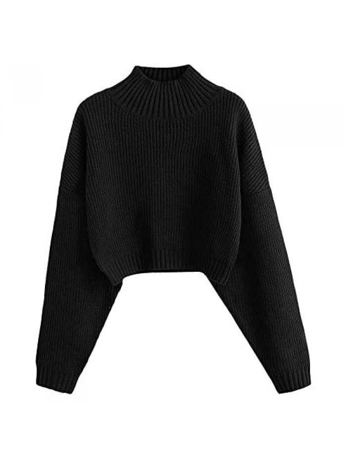 Women's High Neck Lantern Sleeve Ribbed Knit Pullover Crop Sweater Jumper 