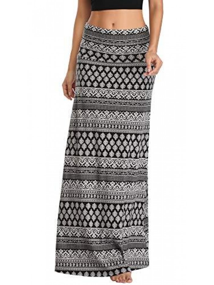 Women's Bohemian Style Print/Solid Elastic Waist Long Maxi Skirt 