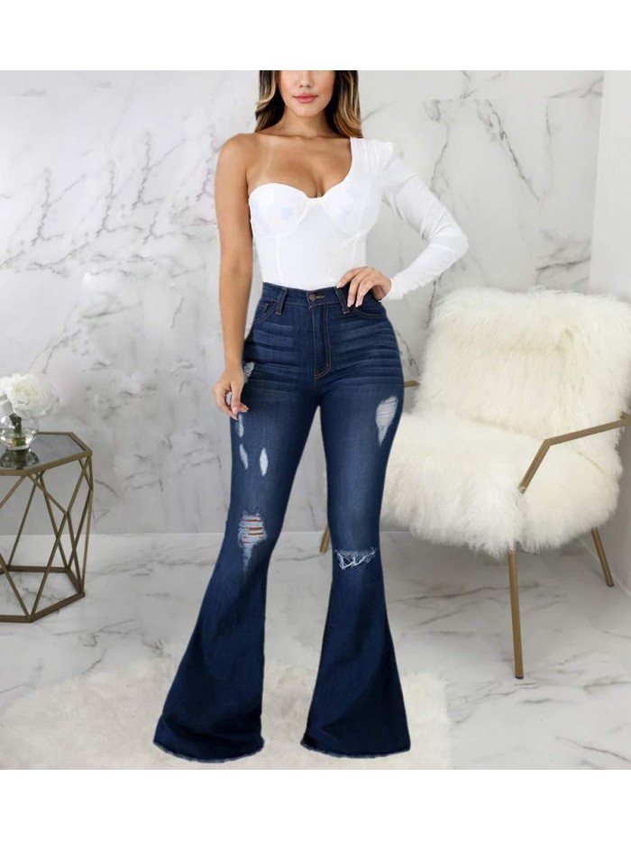 Bottom Jeans for Women Ripped High Waisted Classic Flared Pants 