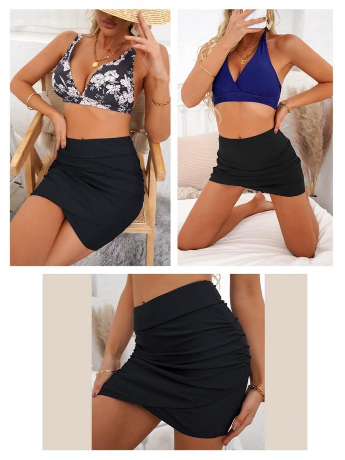 Women's High Waist Swim Skirt Tulip Hem Shirred Bikini Bottom Swimsuit 