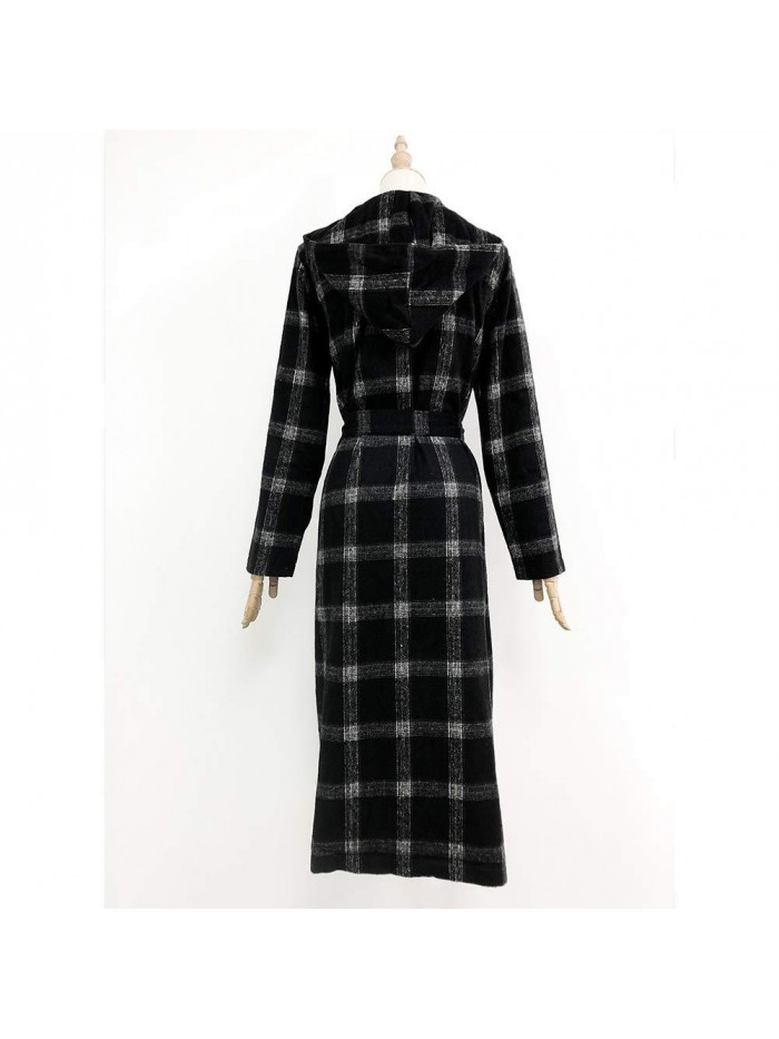 Elegant Wool Blend Belt Trench Coat Plaid Print Outwear Jacket Cardigan 