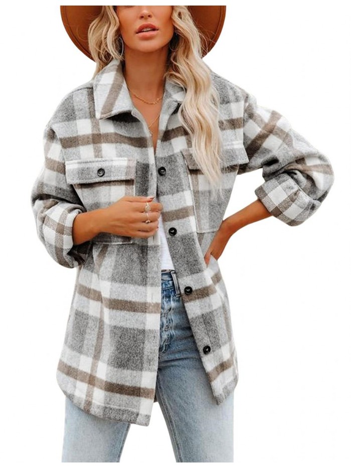 Women's Casual Plaid Lapel Wool Blend Brushed Button Shacket Blouse Shirt 