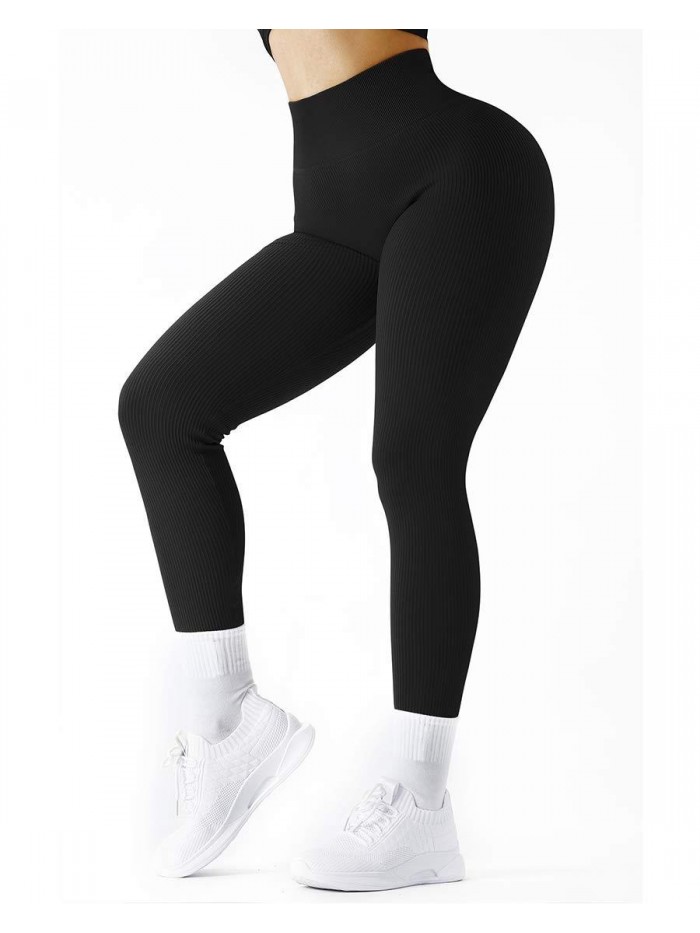 Women Ribbed Seamless Leggings High Waisted Workout Gym Yoga Pants 