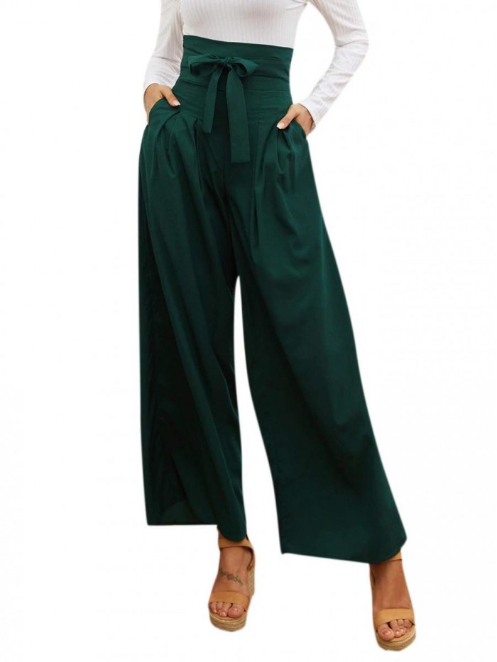 Women's Casual High Waist Belted Wide Leg Pants with Pocket 