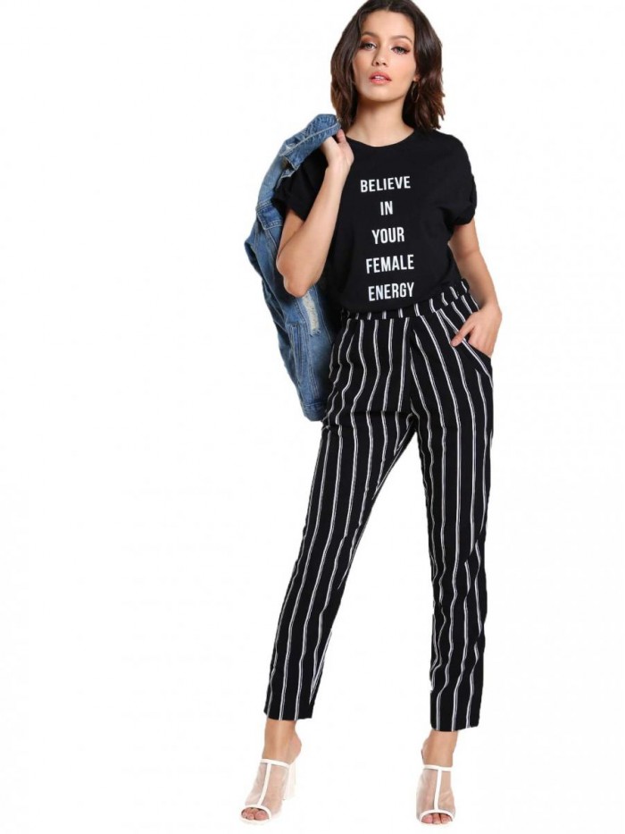 Women's Striped Elastic High Waist Slim Fit Loose Casual Long Pants 