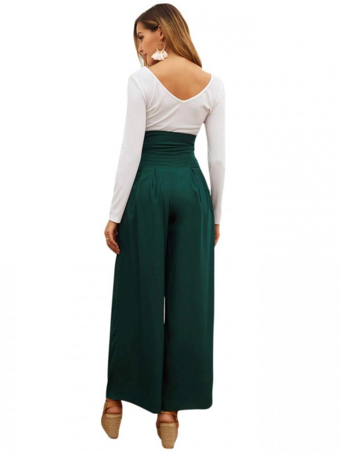 Women's Casual High Waist Belted Wide Leg Pants with Pocket 