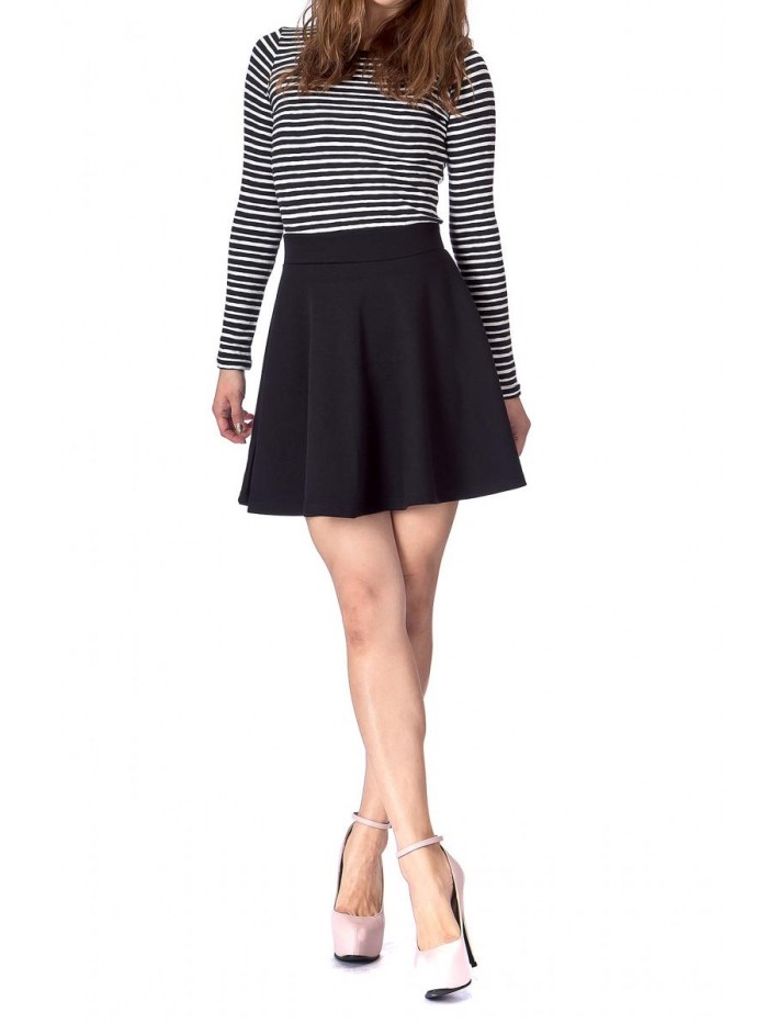 Solid Stretchy Cotton High Waist A-line Flared Skater Mini Skirt 