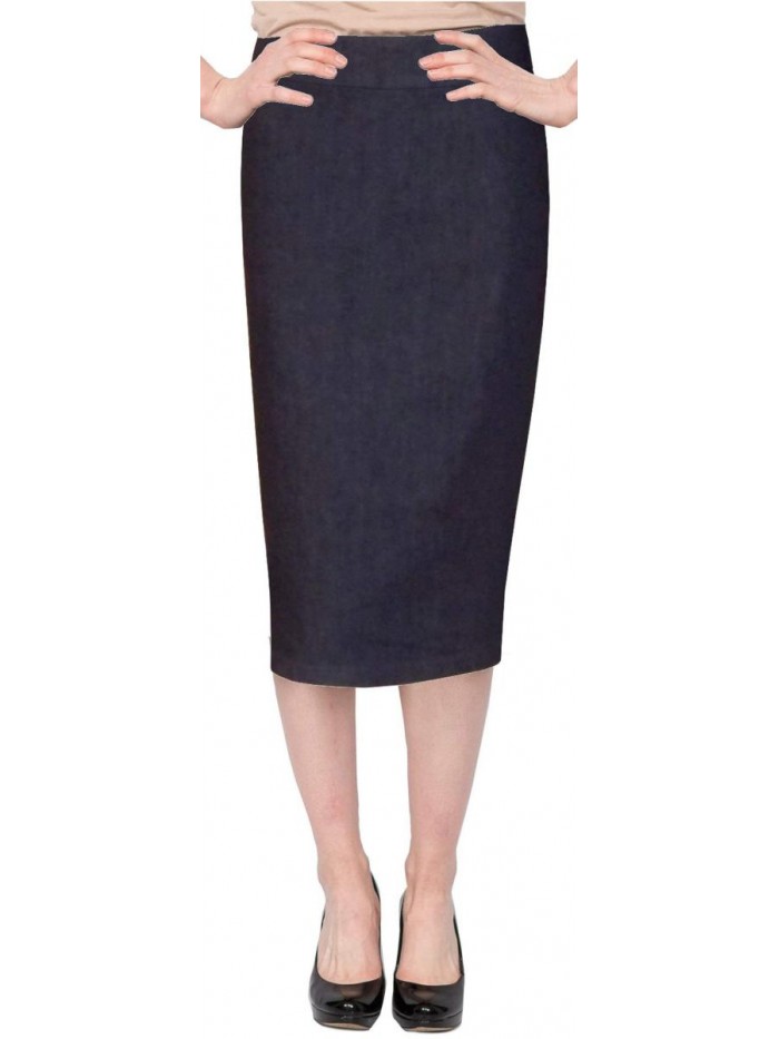 Women's Basic Below The Knee Stretch Denim Pencil Skirt 