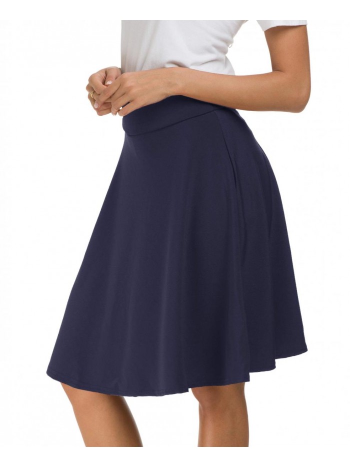 Womens Stretch Waist A-line Flared Skater Midi Skirt 