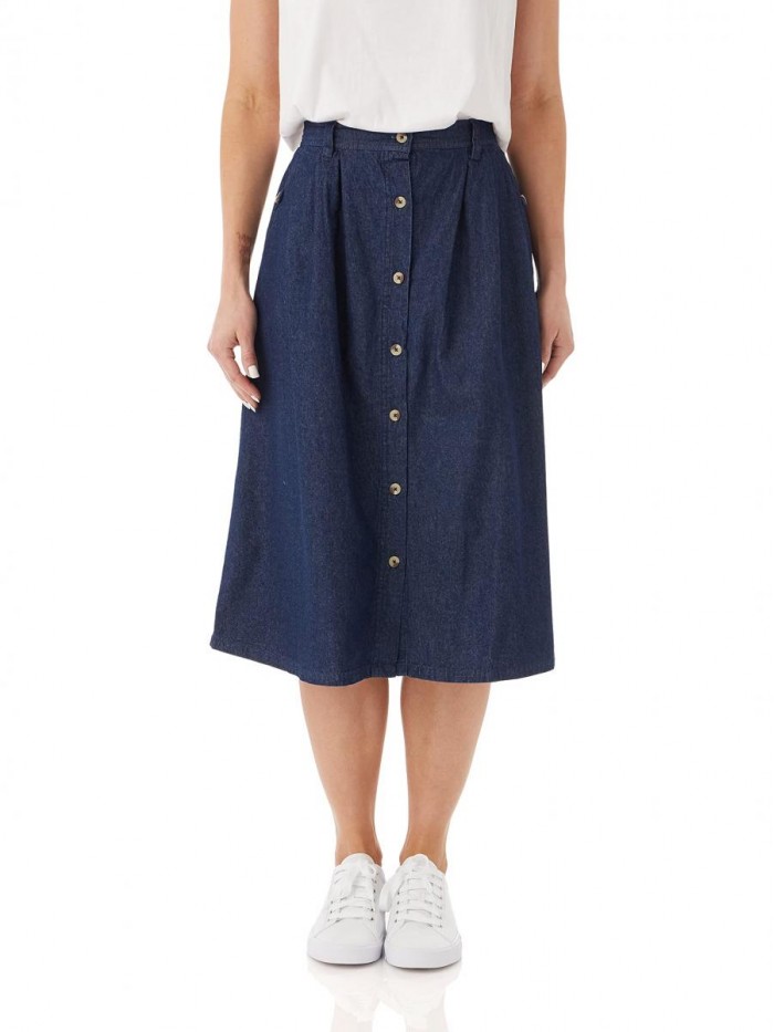 Women's Denim Button-Front Skirt – Cotton Midi Skirt w/Elastic Waist 