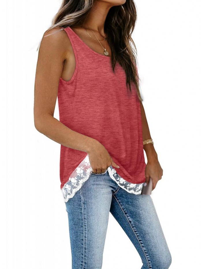 Womens Tank Tops Scoop Neck Lace Trim Casual Summer Sleeveless Tshirts 