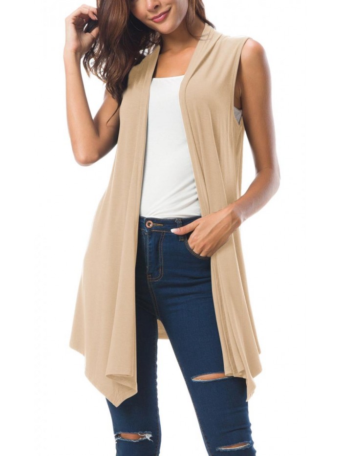 Sleeveless Draped Open Front Cardigan Vest Asymmetric Hem 