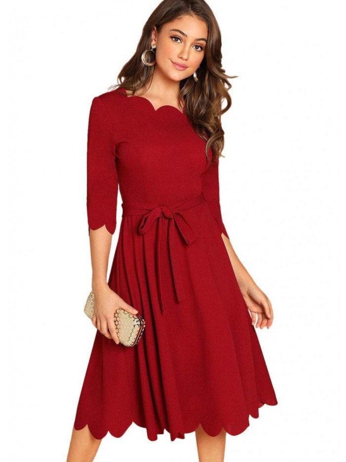 Women's Elegant Belted 3 4 Sleeve Fit Flare Cocktail Scallop Dress 