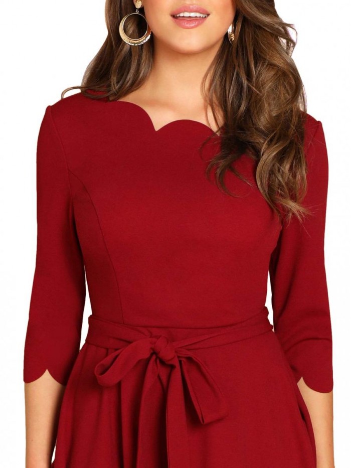 Women's Elegant Belted 3 4 Sleeve Fit Flare Cocktail Scallop Dress 