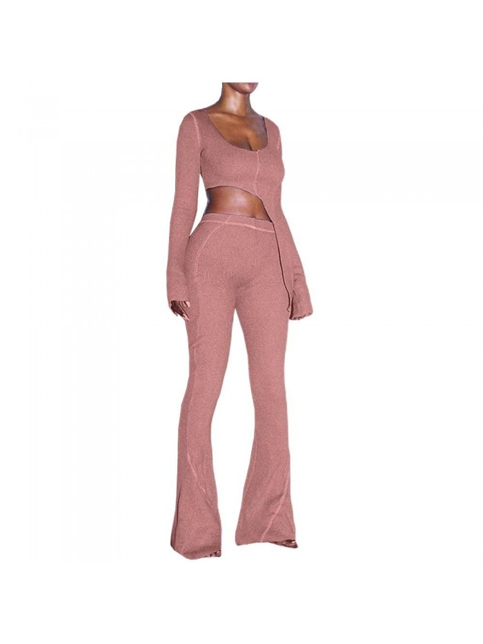 Women's Ribbed Asymmetric Crop Top Flare Pants Sets Outfits Tracksuit 