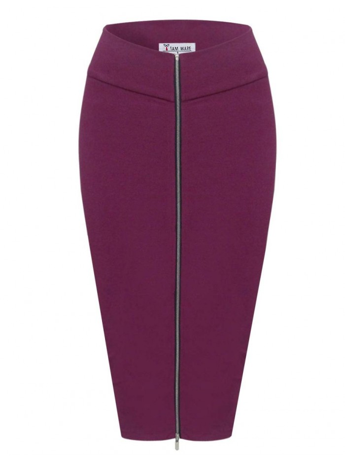 WARE Womens Stylish Exposed Front Zip Stretchy Pencil Skirt 