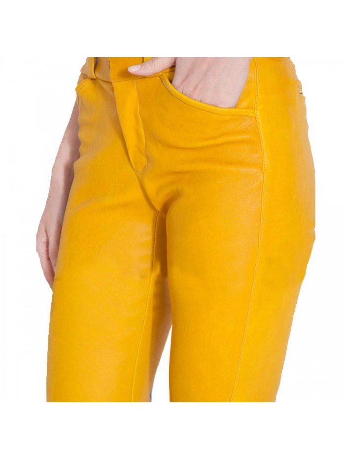 Women's Slim Fit Biker Motorcycle Yellow Faux Leather Pants 