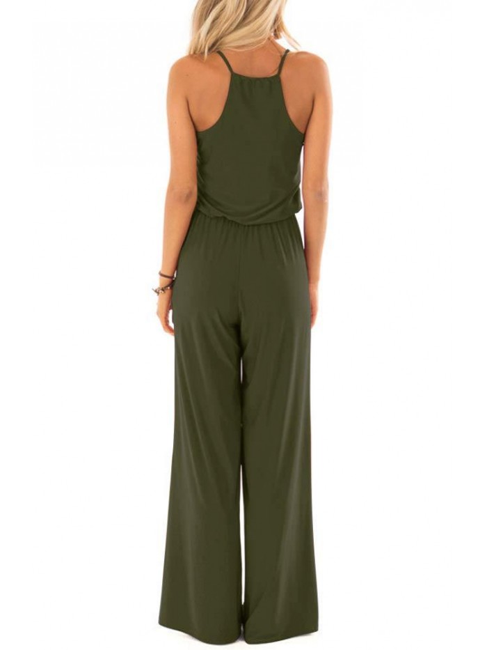 Womens Casual Loose Sleeveless Spaghetti Strap Wide Leg Pants Jumpsuit Rompers 