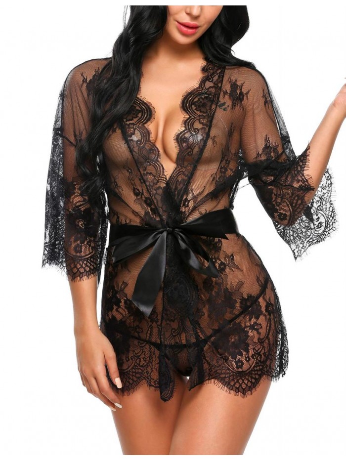 Women's Lace Kimono Robe Babydoll Lingerie Mesh Nightgown S-5XL 