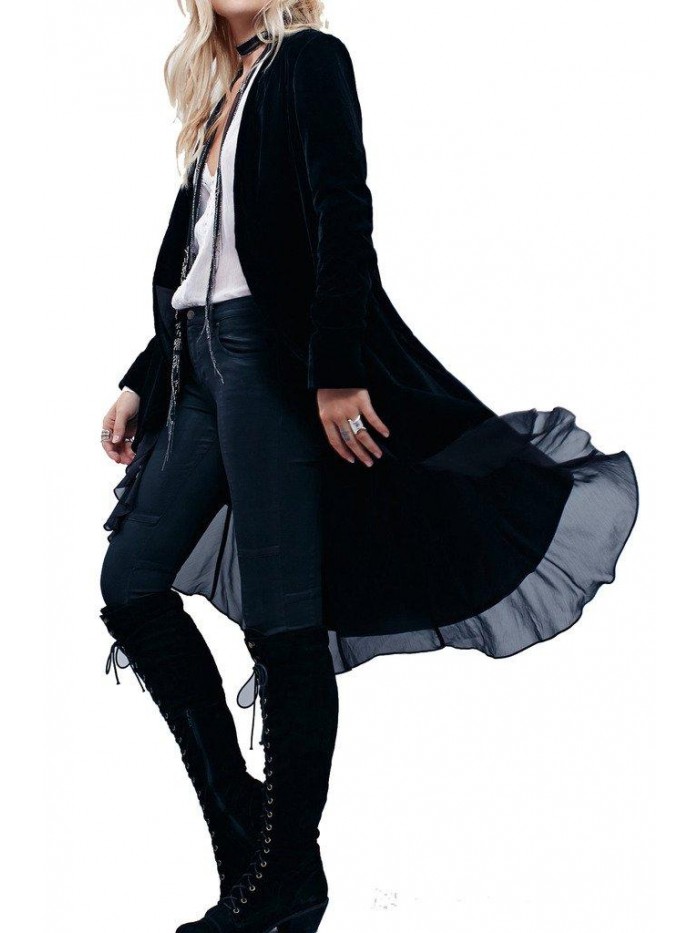 Womens Ruffled Asymmetric Long Velvet Blazers Coat Casual Jackets 