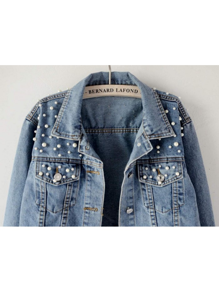 Women Oversized Denim Jacket Embroidered Pearls Beading Jeans Coat 