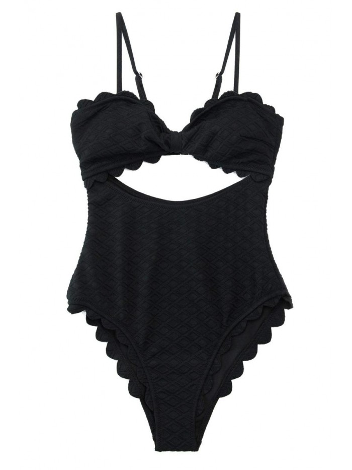 Women's One Piece Swimsuit Sexy Black Cutout Scallop Trim Bathing Suit 