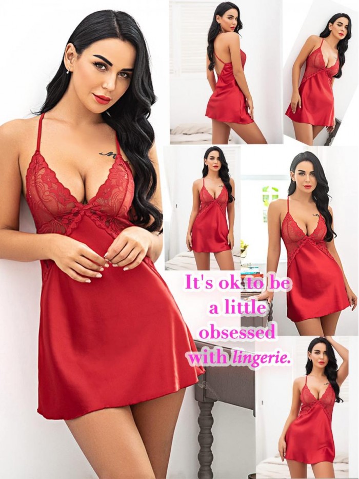 Women Lingerie V Neck Nightwear Satin Sleepwear Lace Chemise Mini Teddy 