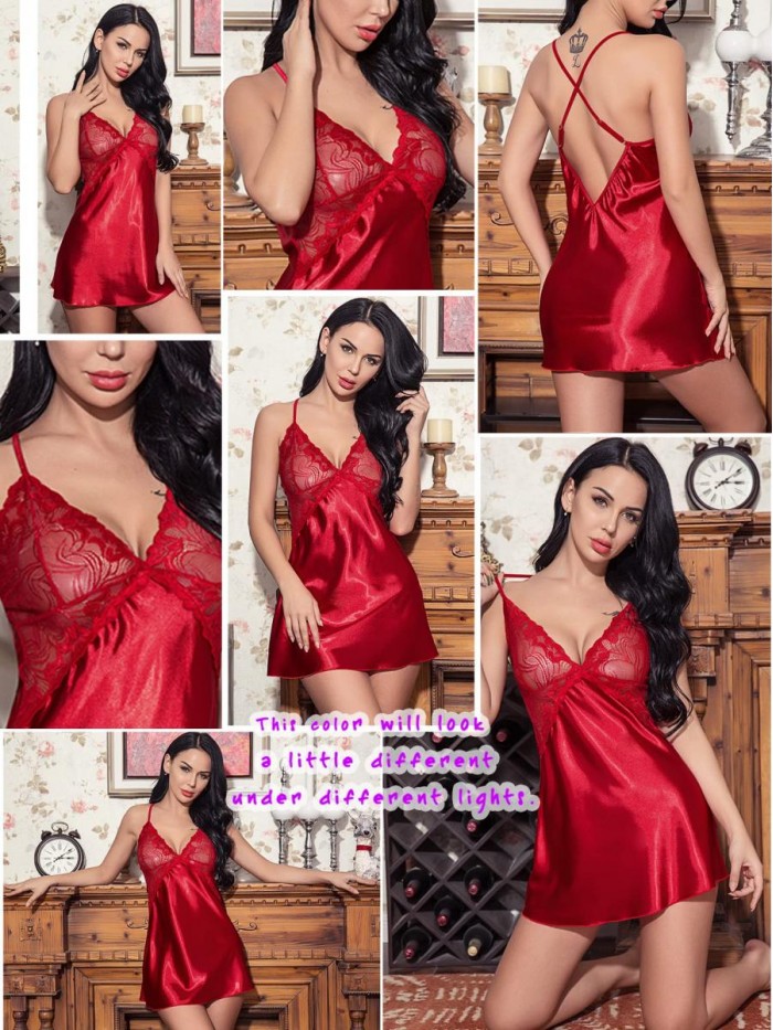 Women Lingerie V Neck Nightwear Satin Sleepwear Lace Chemise Mini Teddy 