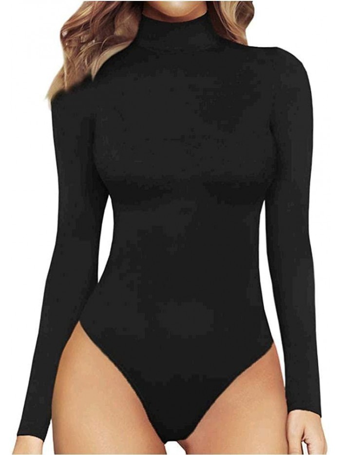 MANGOPOP Women's Mock Turtle Neck Long Sleeve Tops Bodysuit Jumpsuit