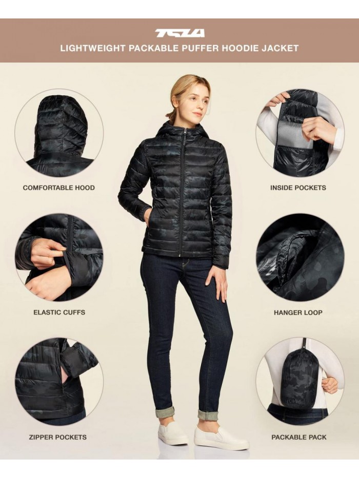 TSLA Women's Lightweight Packable Accent Puffer Jacket, Water-Resistant Winter Coat