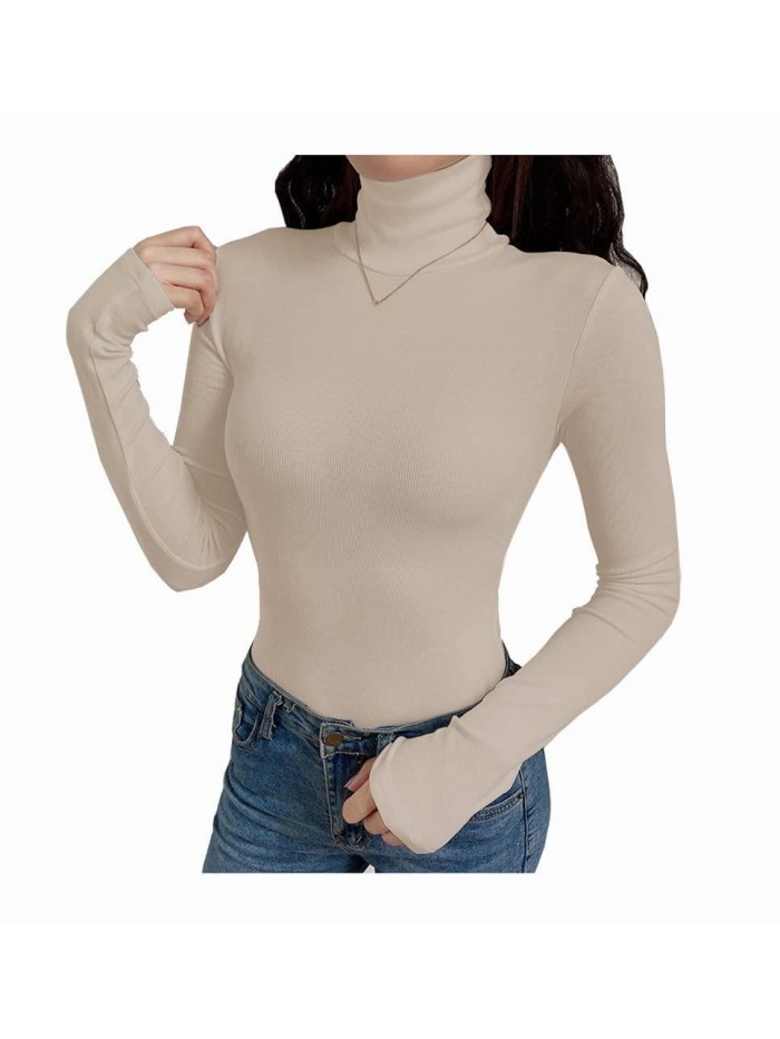 Women Long Sleeve Ribbed Turtleneck Basic Fitted Thermal Shirt Sweaters 