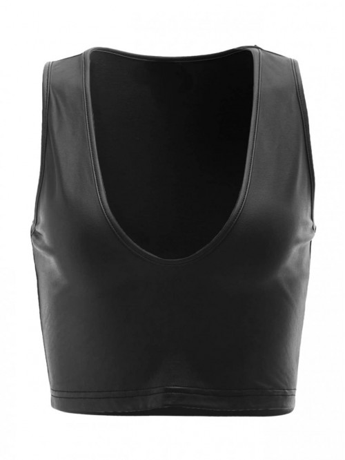 Women's Faux Leather V Neck Crop Tank Top PU Leath...