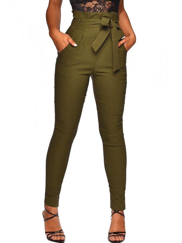 Women's All Occasions Paper Bag Waist Pants Trousers with Tie Pockets 