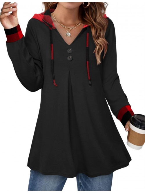 Women's Long Sleeve Hooded Tunic Tops Button Swing...