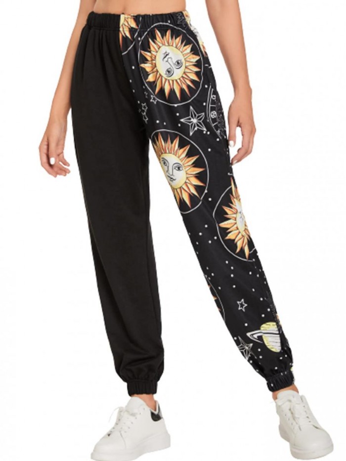 Women's Graphic Print Elastic Waist Sweatpants Casual Long Joggers 