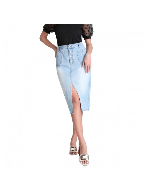 Front Split Midi Knee Length Button Stretchy Denim...