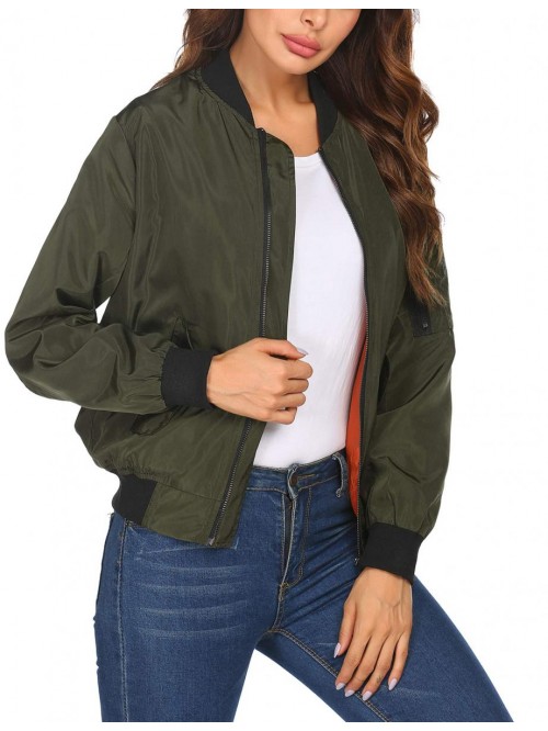 Women's Bomber Jacket Casual Solid Coat Long Sleev...