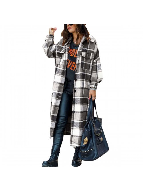 Women's Casual Wool Blend Long Plaid Shirt Jacket ...